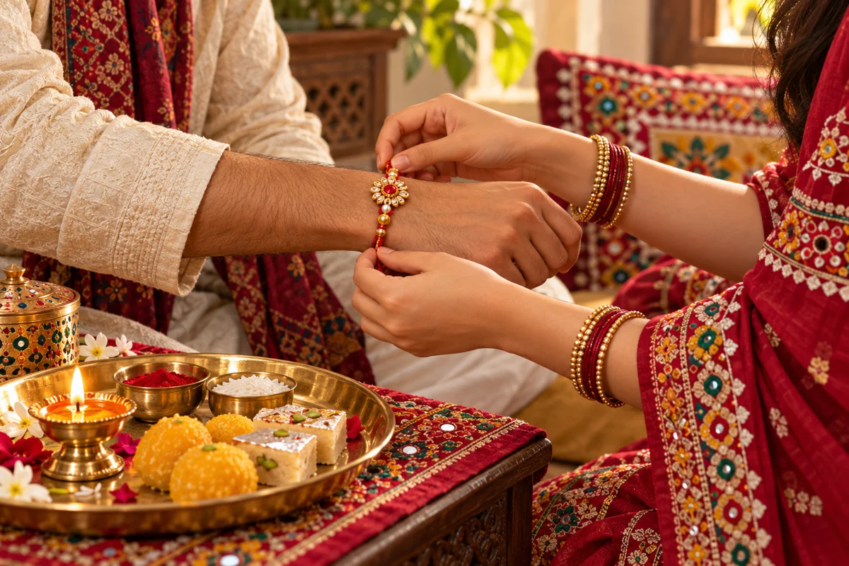 Illustration of a sister tying a red and gold rakhi on her brother’s wrist beside a puja thali and sweets